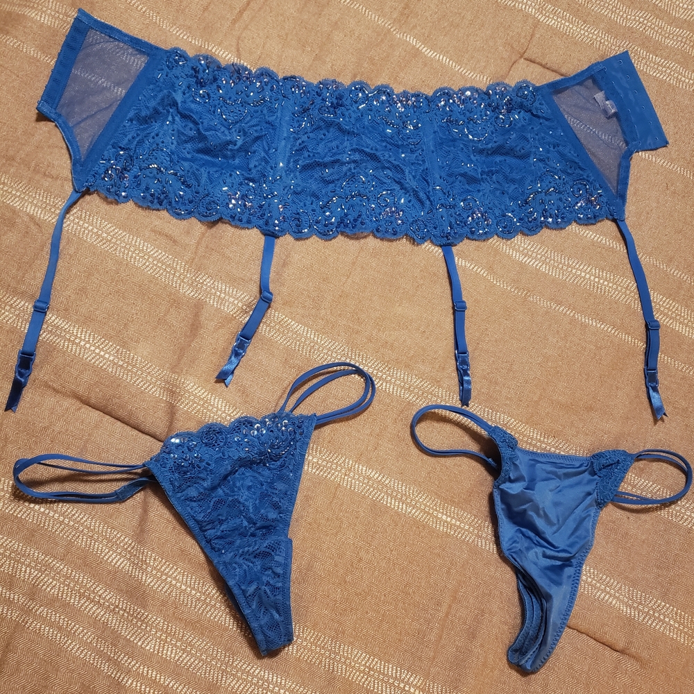 Victoria Secrer Elegant Blue Lace Sequined Lingerie Set